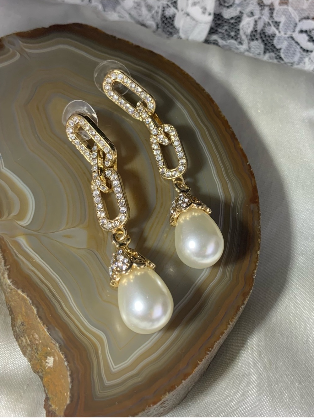 Gold Crystal Link Drop Earrings with White faux Pearl Teardrops